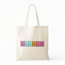 Bag featuring the name Claudio spelled out in symbols of the chemical elements