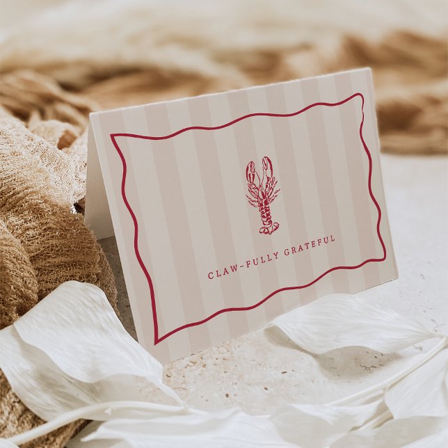 "Claw-fully Grateful" Pink & Red Stripe Lobster Thank You Card (Creator Uploaded)