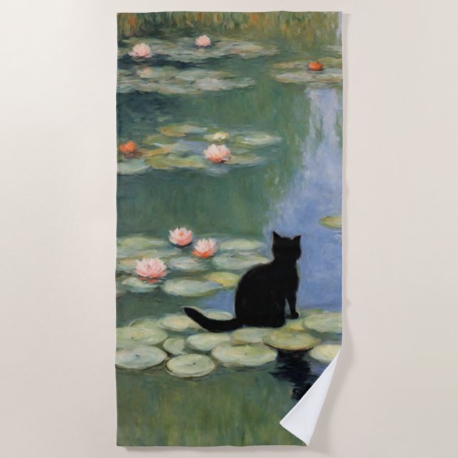 Claw Monet Water Lilies Cat Pond Beach Towel (Front)