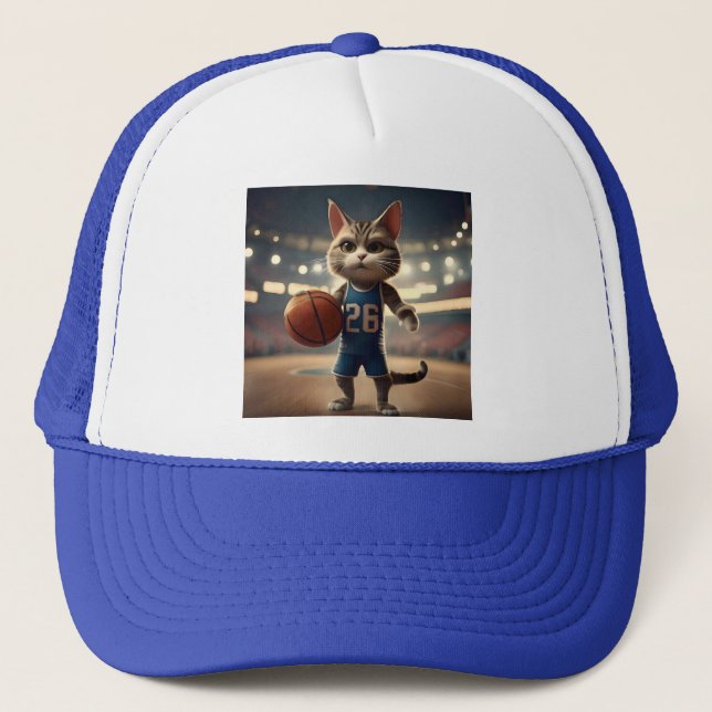 Claw-some Hoops: The Fearless Cat Basketballer Trucker Hat (Front)