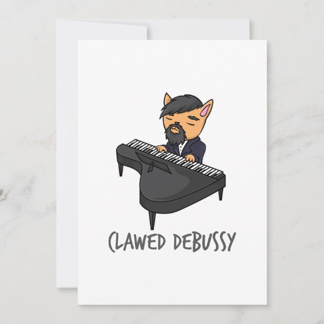 Clawed Debussy Piano Player Cat Pun Fun Gift Announcement (Front)