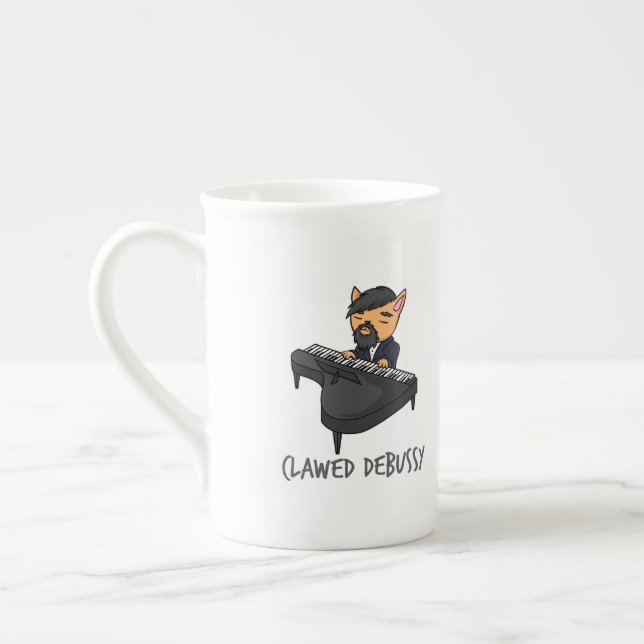 Clawed Debussy Piano Player Cat Pun Fun Gift Bone China Mug (Left)