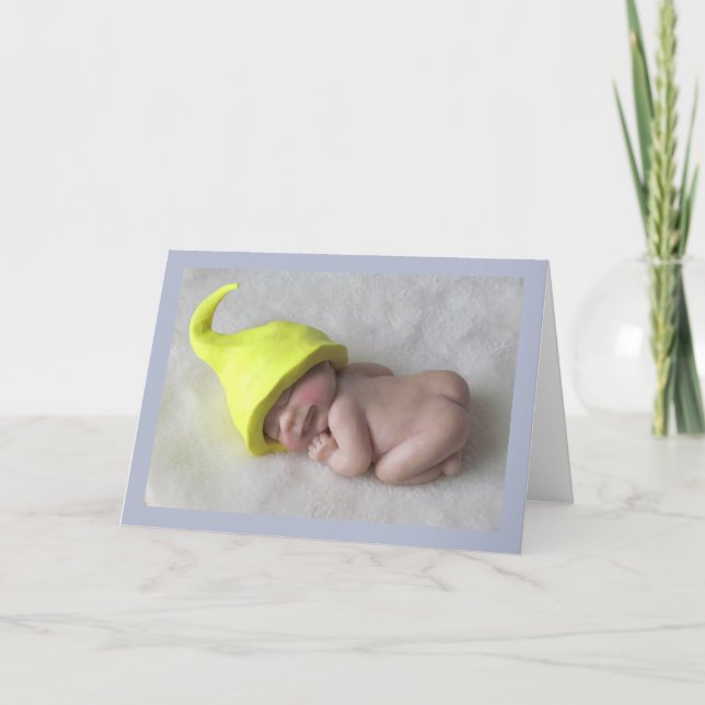 Clay Baby Sleeping on Tummy, Elf Hat, Sculpture Card (Front)