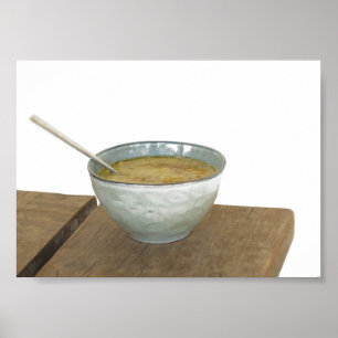 Clay Bowl Spoon Oats Porridge Wooden Table Poster