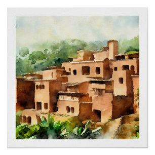 CLAY BRICK VILLAGE ANCIENT ARCHITECTURE WATERCOLOR POSTER