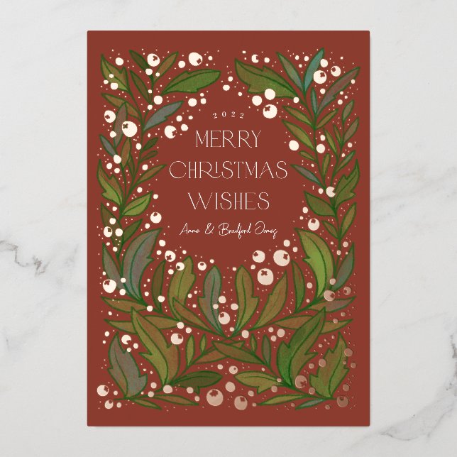Clay Red Greenery Wreath Merry Christmas Foil Holiday Card (Front)