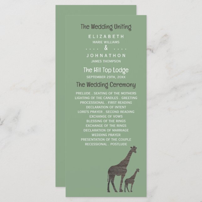 Clay Safari Giraffe, Rustic Wedding Programme (Front/Back)