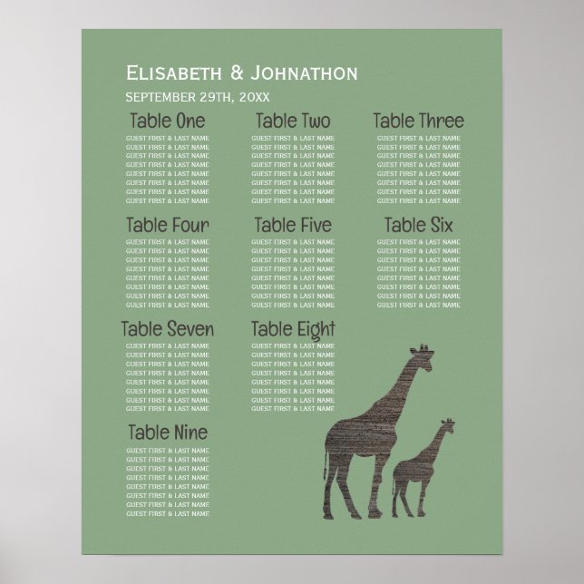 Clay Safari Giraffe, Rustic Wedding Seating Chart (Front)