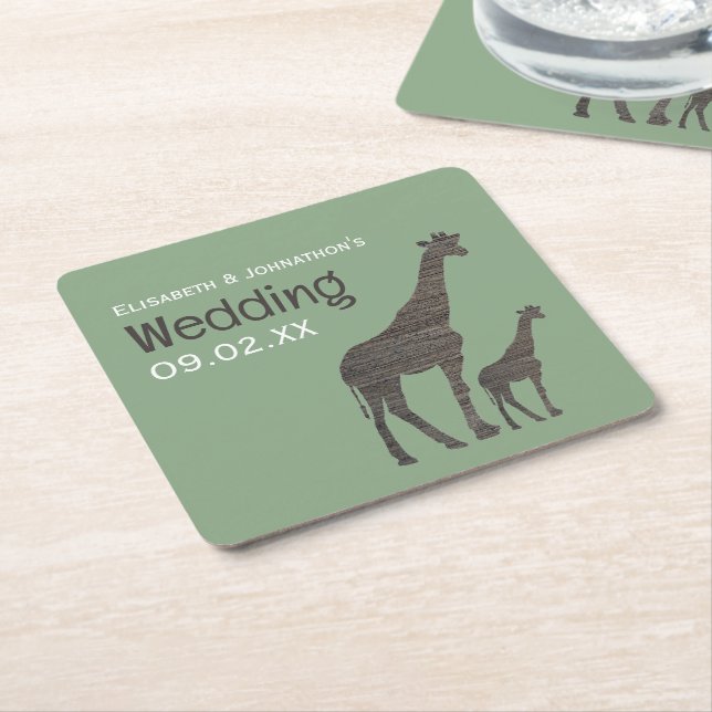 Clay Safari Giraffe, Rustic Wedding Square Paper Coaster (Angled)