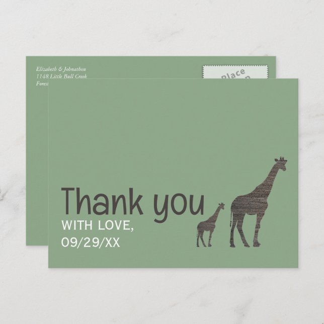 Clay Safari Giraffe, Rustic Wedding Thank You Postcard (Front/Back)