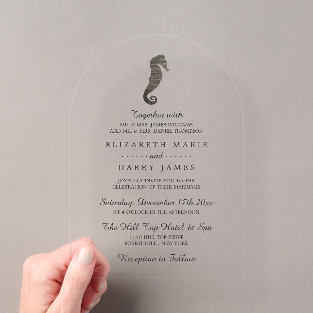 Clay Seahorse Beach Wedding Acrylic Invitations (Insitu (Handheld))
