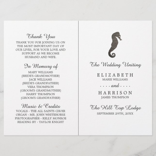 Clay Seahorse Beach Wedding Programme (Front)