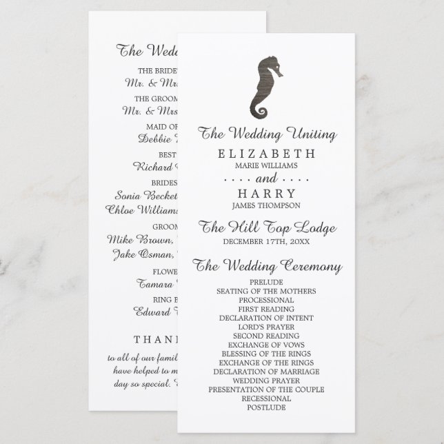 Clay Seahorse Beach Wedding Programme (Front/Back)