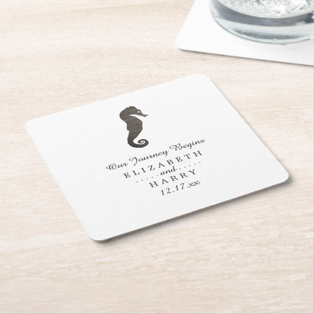 Clay Seahorse Beach Wedding Square Paper Coaster (Angled)