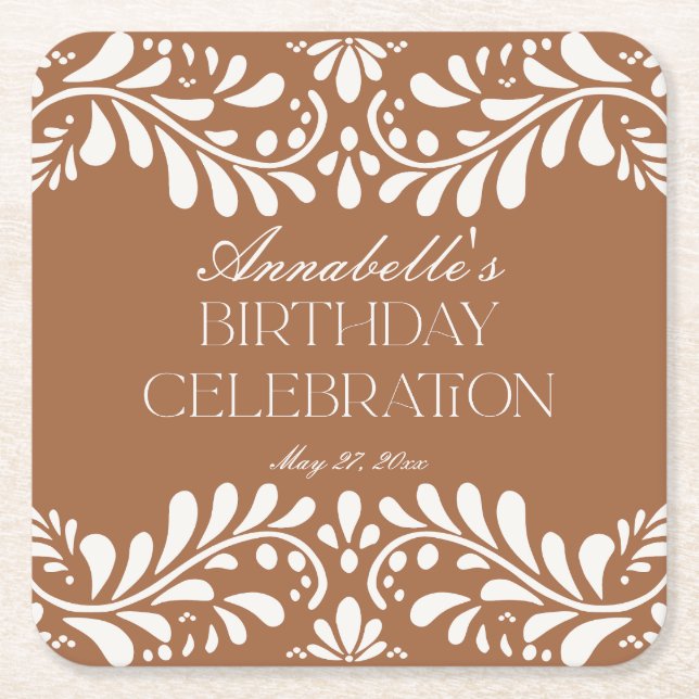 Clay Talavera Tile Spanish Fiesta Birthday Party Square Paper Coaster (Front)