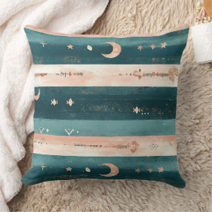 Clay & Teal Tribal Stars and Moon Stripe Cushion