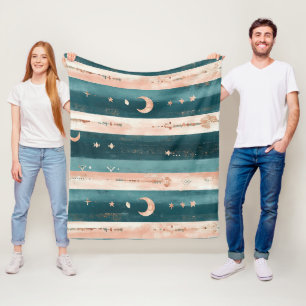 Clay & Teal Tribal Stars and Moon Stripe Fleece Blanket
