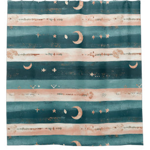 Clay & Teal Tribal Stars and Moon Stripe Shower Curtain