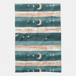 Clay & Teal Tribal Stars and Moon Stripe Tea Towel