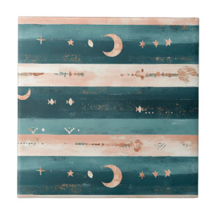 Clay & Teal Tribal Stars and Moon Stripe Tile