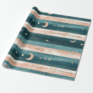 Clay & Teal Tribal Stars and Moon Stripe Wrapping Paper
