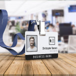 Clean Add Your Logo Office Employee ID Badge<br><div class="desc">Office employee badge with a clean minimalist design in black and white. Add a photo of the employee along with name and profession. Personalise further with your business logo and the name of the company.</div>