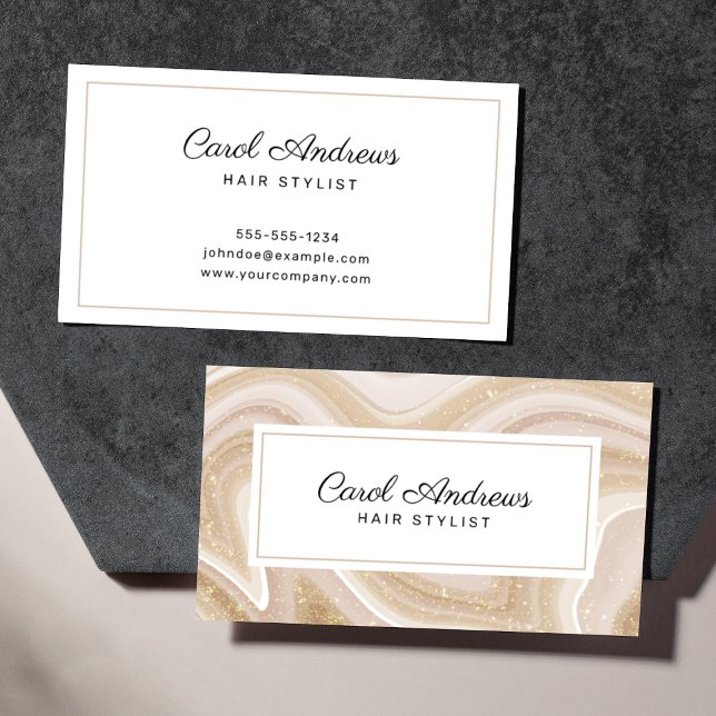 Clean Beige Agate Marble & Gold Hairdresser Business Card (Creator Uploaded)