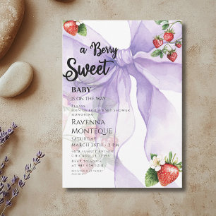 Clean Berry Sweet Lilac Bow Strawberry Baby Shower Invitation