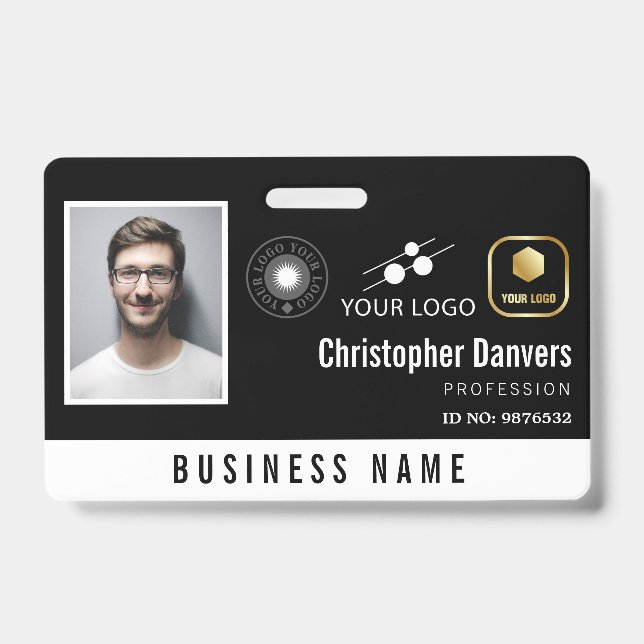 Clean Black Add 3 Logos Office Employee ID Badge (Front)