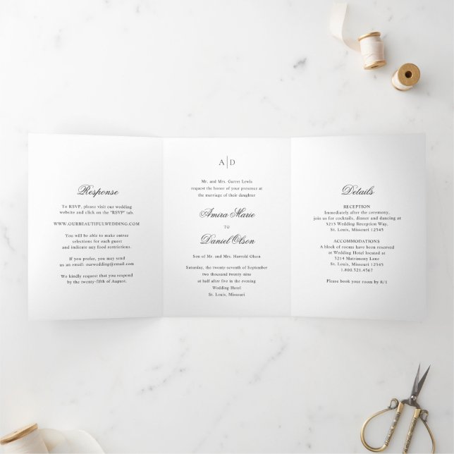 Clean Black and White Classic Wedding Tri-Fold Invitation (Inside)