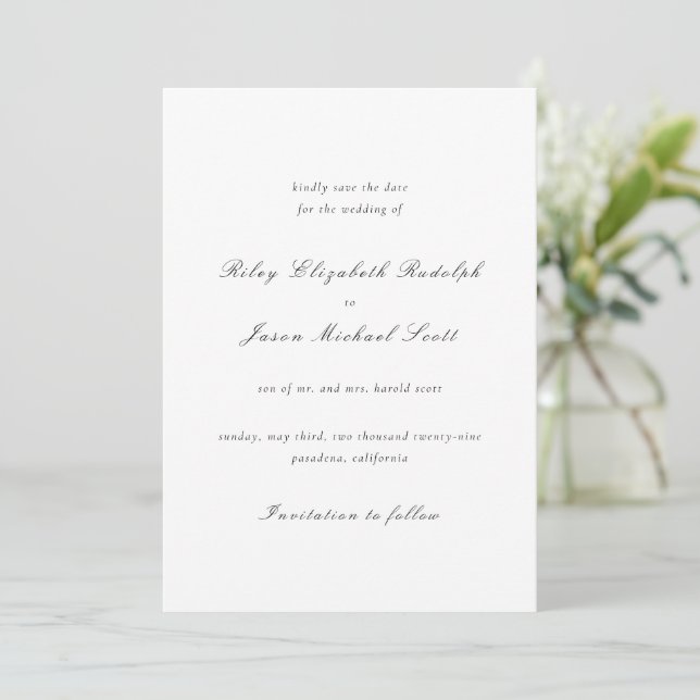 Clean Black and White Elegant Wedding Save The Date (Standing Front)