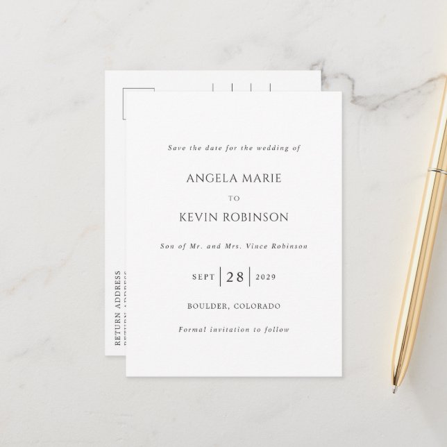 Clean Black and White Modern Wedding Save the Date Announcement Postcard (Front/Back In Situ)