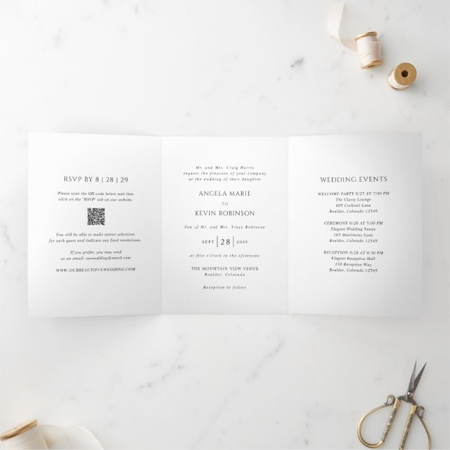 Clean Black and White QR Code Modern Wedding Tri-Fold Invitation (Inside)