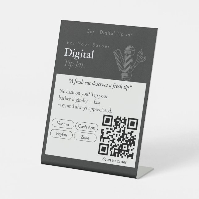 Clean Black Digital Tip Jar QR Code Sign (Front)