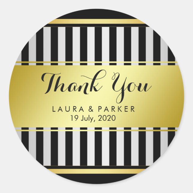 Clean Black Gold Striped Thank You Wedding Classic Round Sticker (Front)