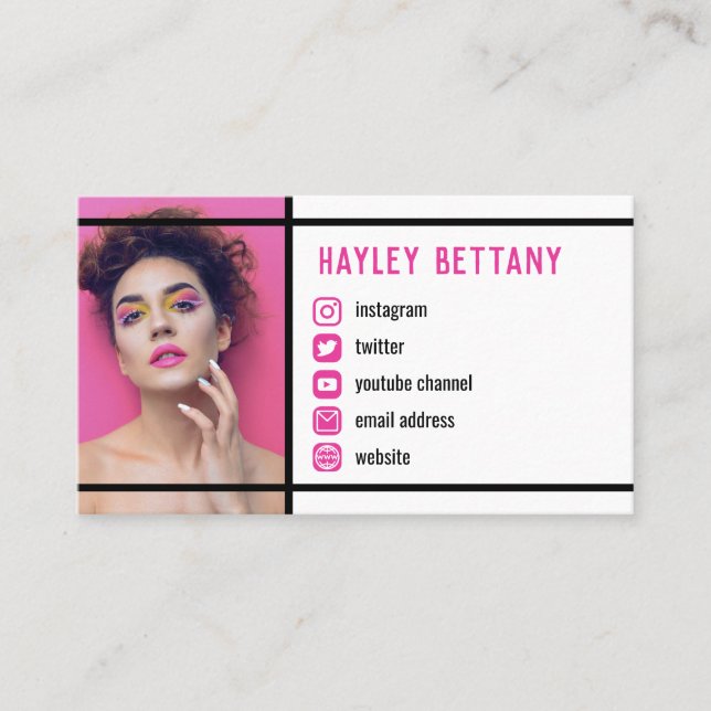 Clean Black Lines Fuchsia Social Media Icons Photo Business Card (Front)