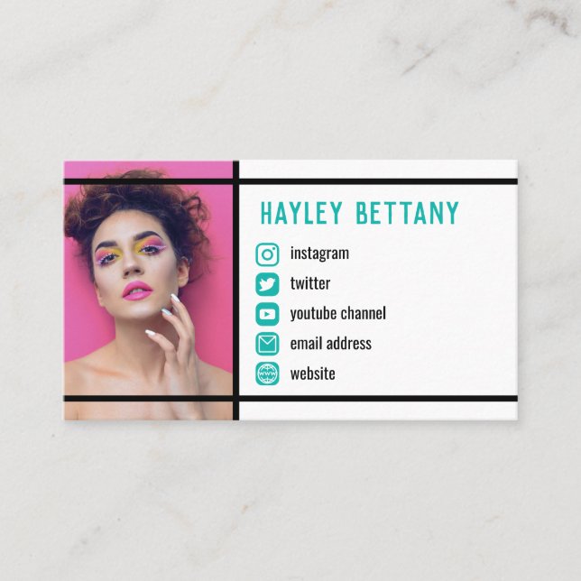 Clean Black Lines Teal Social Media Icons Photo Business Card (Front)