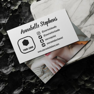 Clean Black White Social Media Icons Photo & Logo Business Card