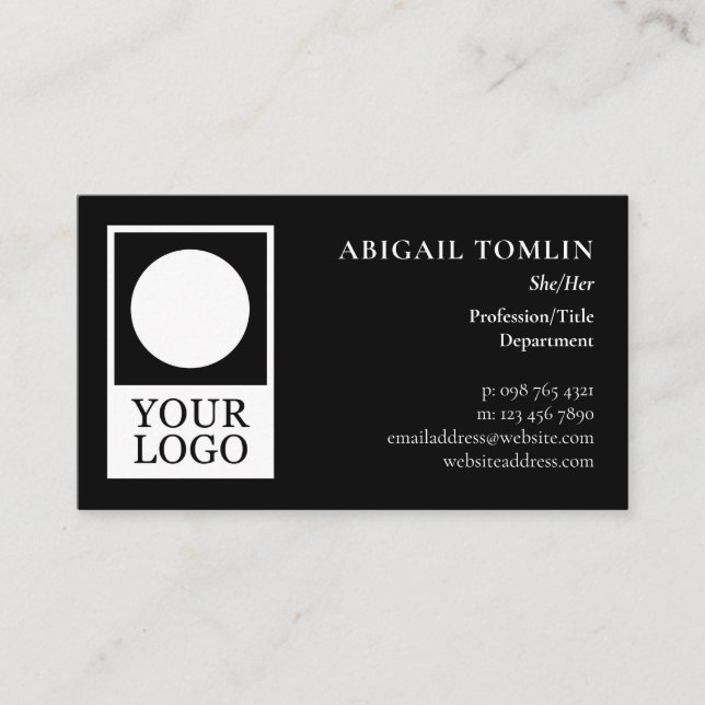 Clean Black Your Logo & Personal Pronoun One Sided Business Card (Front)