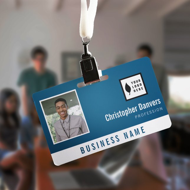 Clean Blue White Add Your Logo Office Employee ID Badge (Creator Uploaded)