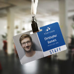 Clean Blue White Employee ID Add Your Logo Badge<br><div class="desc">Employee ID badge with a clean minimalist design in blue,  black,  and white. Add a photo of the employee along with name and profession. Personalise further with your business logo.</div>