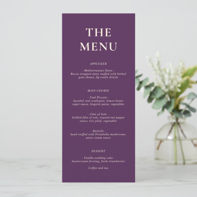 Clean Bold Fonts Purple Modern Wedding Menu (Standing Front)