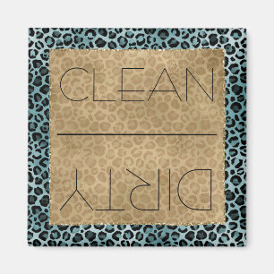 Clean/Dirty Dishwasher Gold Aqua Leopard Print Magnet