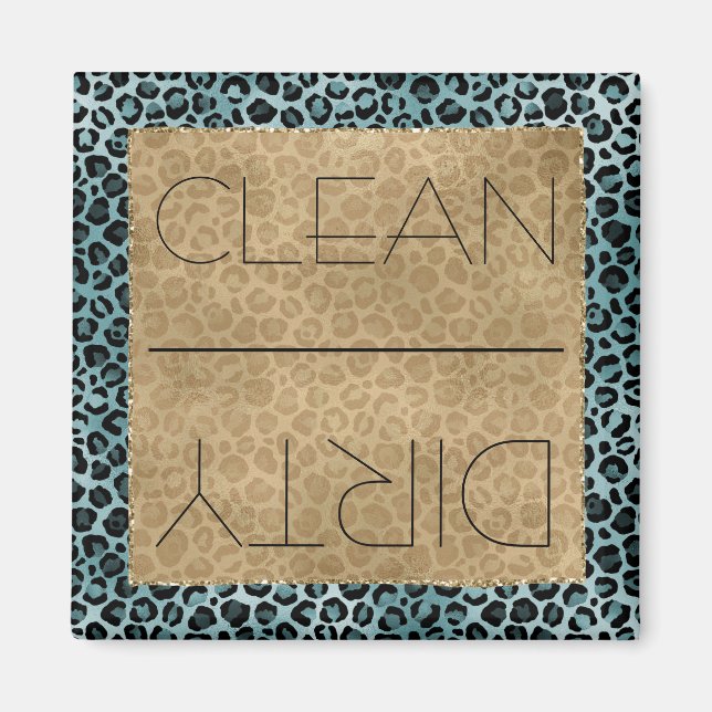 Clean/Dirty Dishwasher Gold Aqua Leopard Print Magnet (Front)