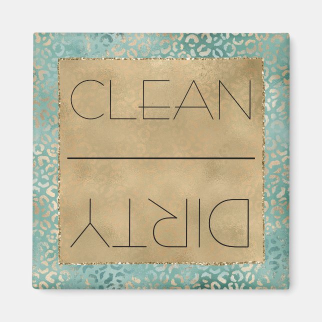 Clean/Dirty Dishwasher Gold Aqua Leopard Print Magnet (Front)