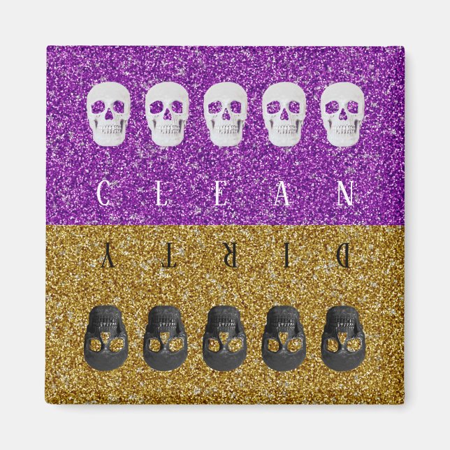 Clean Dirty Skulls Gold Purple Cool Glitter Magnet (Front)
