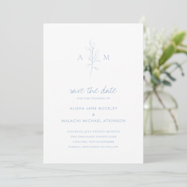 Clean Dusty Blue Botanical Elegant Wedding Save The Date (Standing Front)
