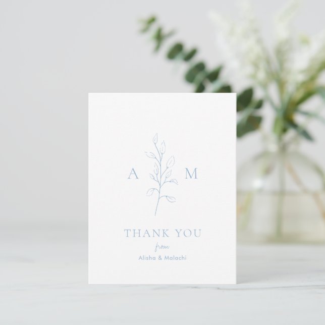 Clean Dusty Blue Botanical Photo Elegant Wedding Thank You Card (Standing Front)