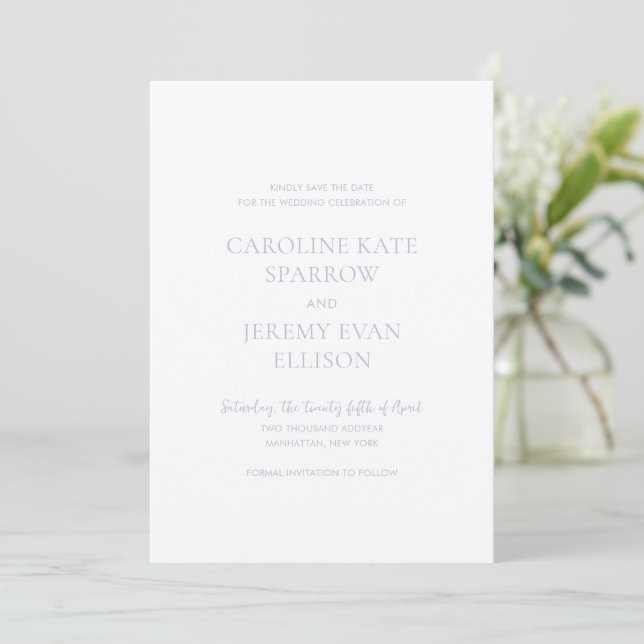 Clean Dusty Blue QR Code Elegant Wedding Save The Date (Standing Front)