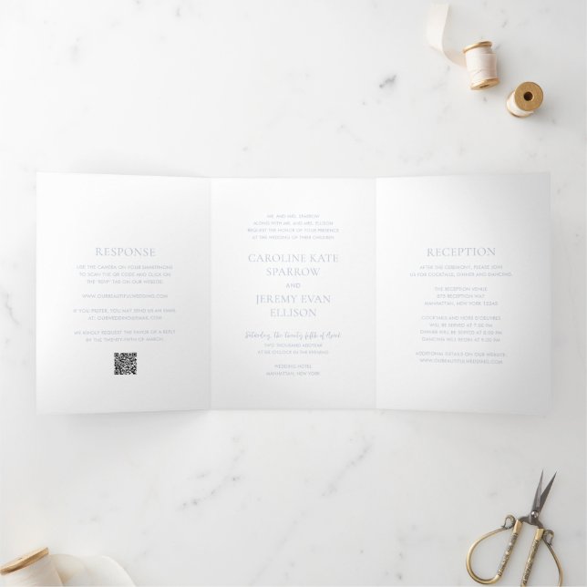 Clean Dusty Blue QR Code Elegant Wedding Tri-Fold Invitation (Inside)